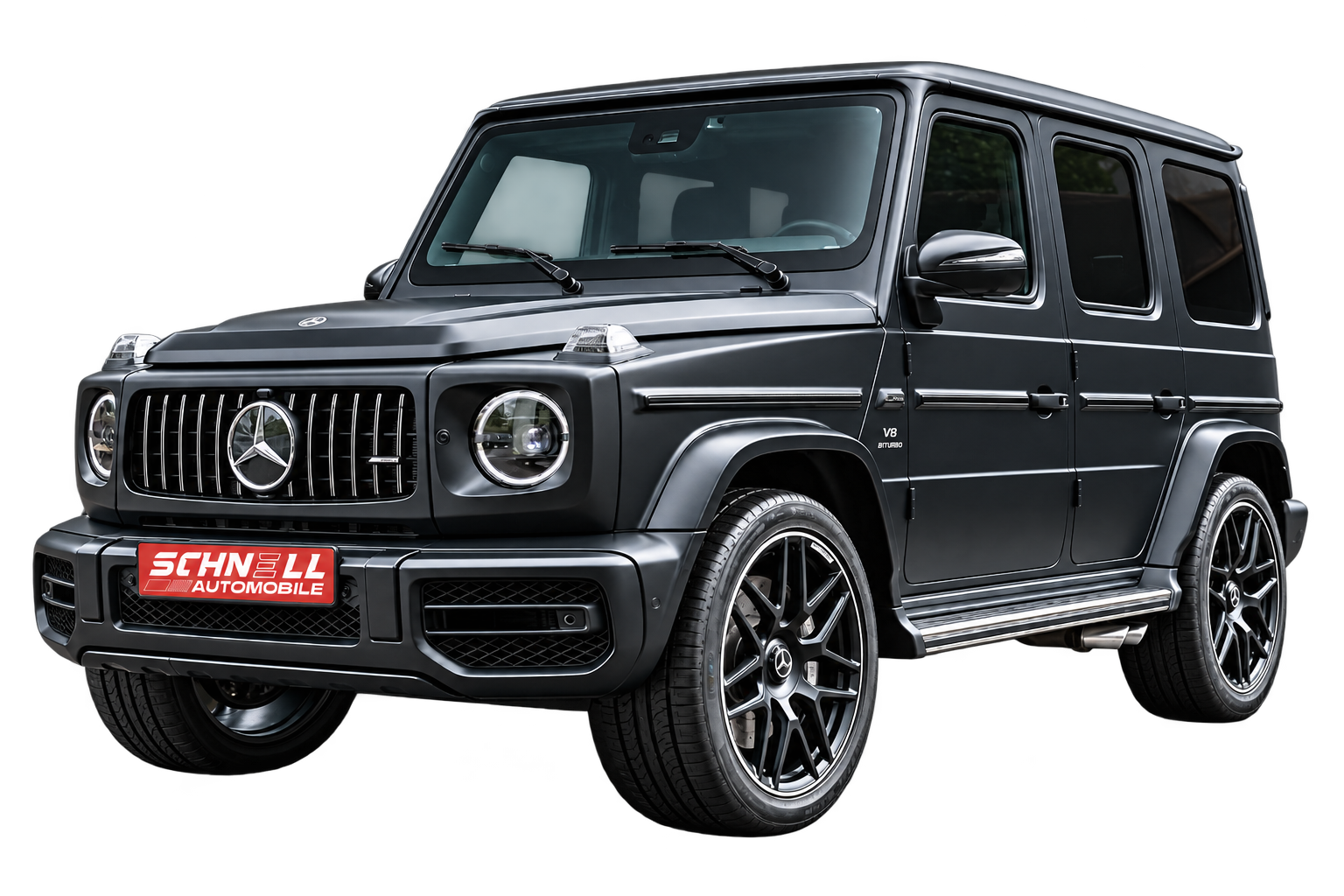 Dunkle Mercedes-Benz G-Klasse mit Schnell Automobile Logo